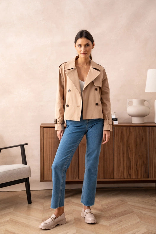 Plain Cropped Cotton Trench Coat Beige-COAT-Attentif Paris-S-Urbanheer