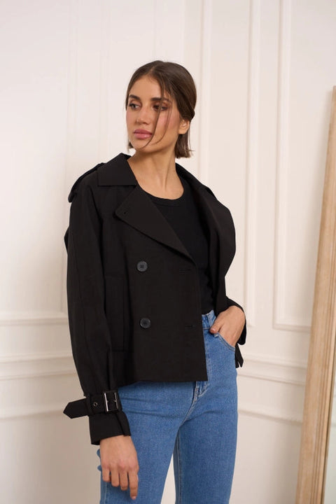 Plain Cropped Cotton Trench Coat Black-COAT-Attentif Paris-S-Urbanheer
