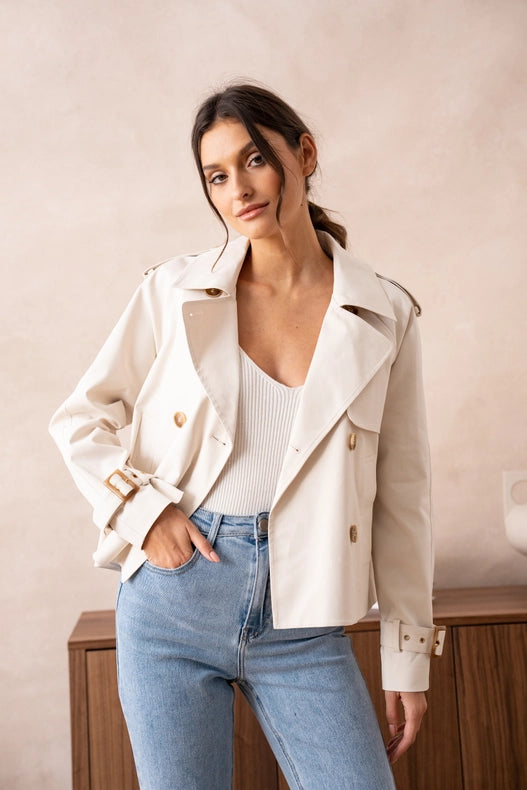 Plain Cropped Cotton Trench Coat White