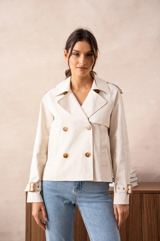 Plain Cropped Cotton Trench Coat White