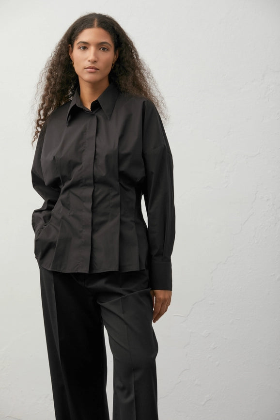 Pleat-Detail Shirt Black-Shirt-A LINE-XS-Black-Urbanheer