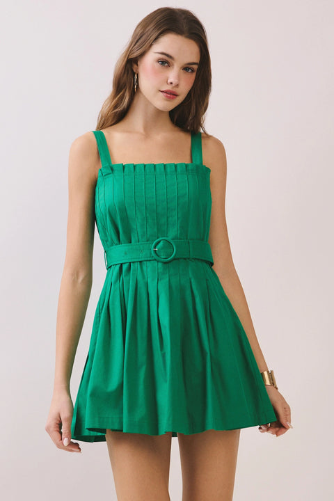 Pleated Bodice Square Neck Matching Belt Dress