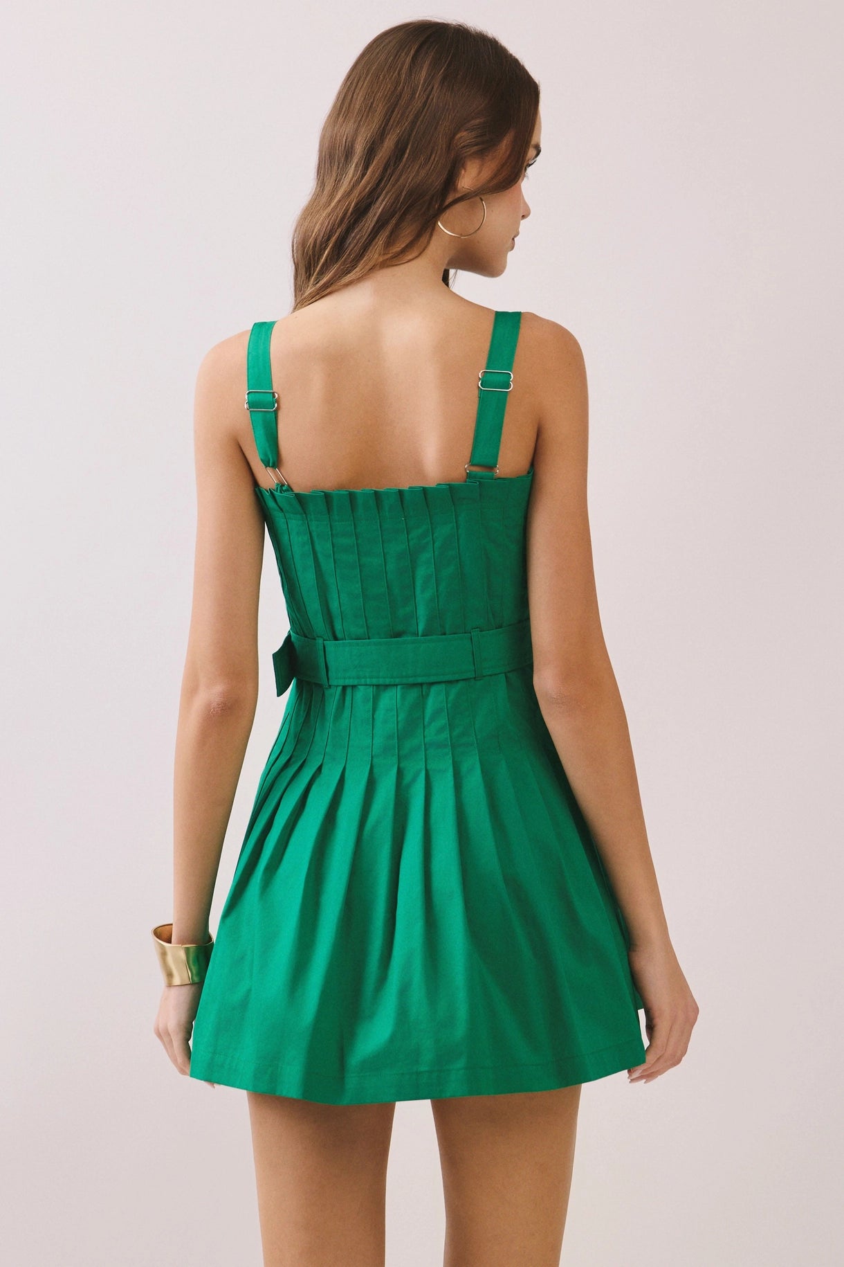 Pleated Bodice Square Neck Matching Belt Dress