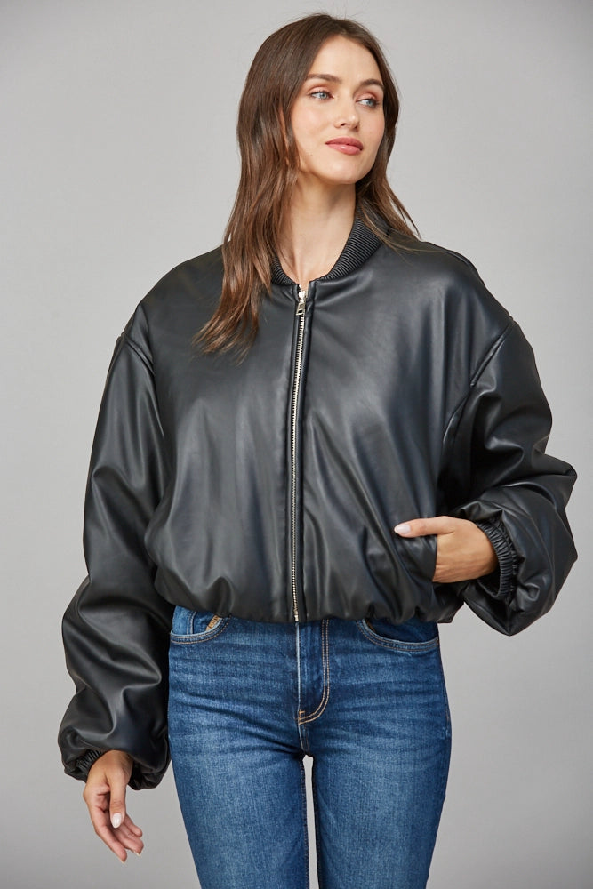 Pleated Collar Detail Faux Leather Bomber Jacket