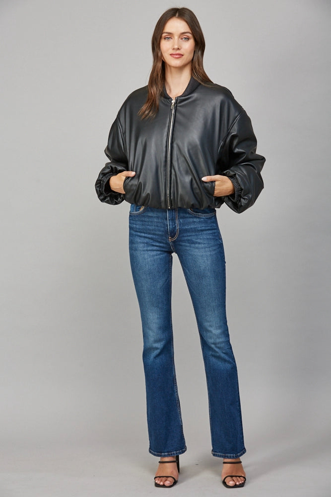 Pleated Collar Detail Faux Leather Bomber Jacket