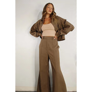 Pleated Crop Jacket and Pants Set CHOCOLATE BROWN-Set-Mulla-S-CHOCOLATE BROWN-Urbanheer