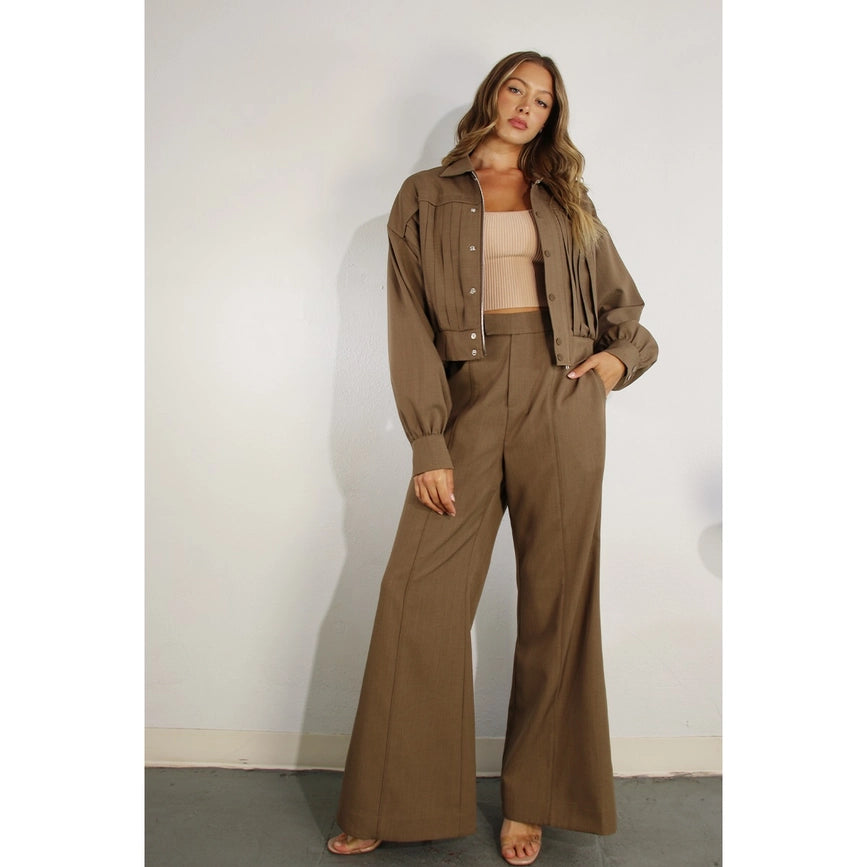 Pleated Crop Jacket and Pants Set CHOCOLATE BROWN-Set-Mulla-S-CHOCOLATE BROWN-Urbanheer