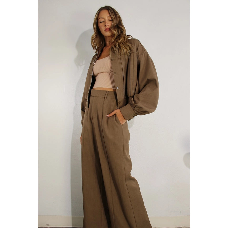 Pleated Crop Jacket and Pants Set CHOCOLATE BROWN-Set-Mulla-S-CHOCOLATE BROWN-Urbanheer