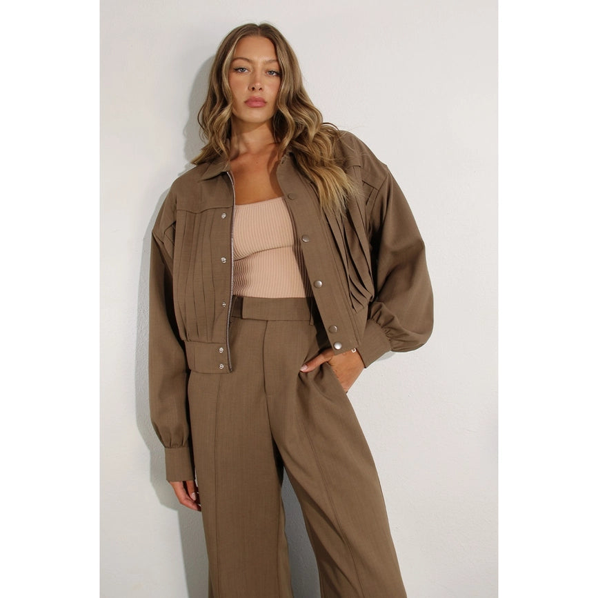 Pleated Crop Jacket and Pants Set CHOCOLATE BROWN-Set-Mulla-S-CHOCOLATE BROWN-Urbanheer