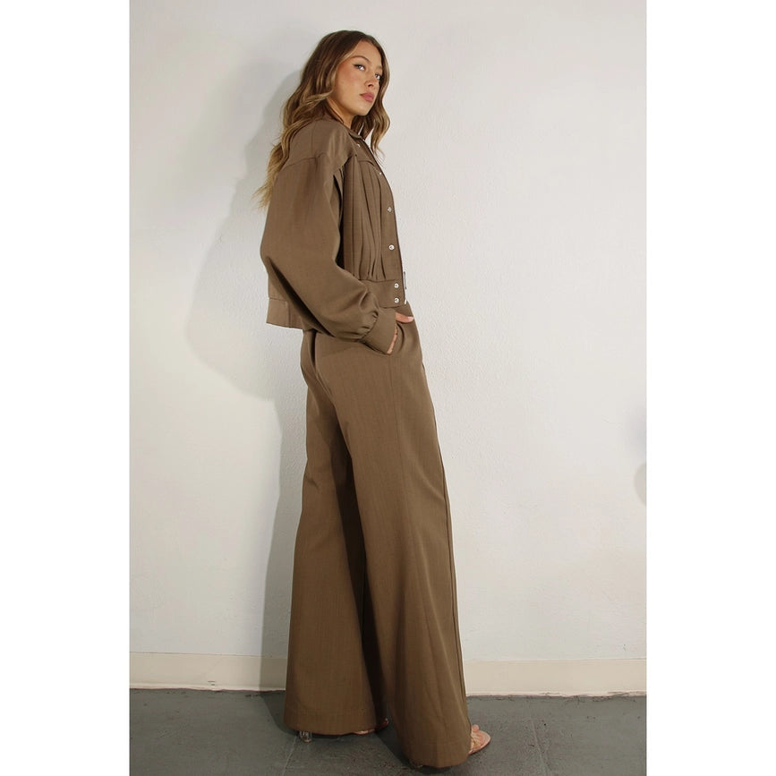 Pleated Crop Jacket and Pants Set CHOCOLATE BROWN-Set-Mulla-S-CHOCOLATE BROWN-Urbanheer