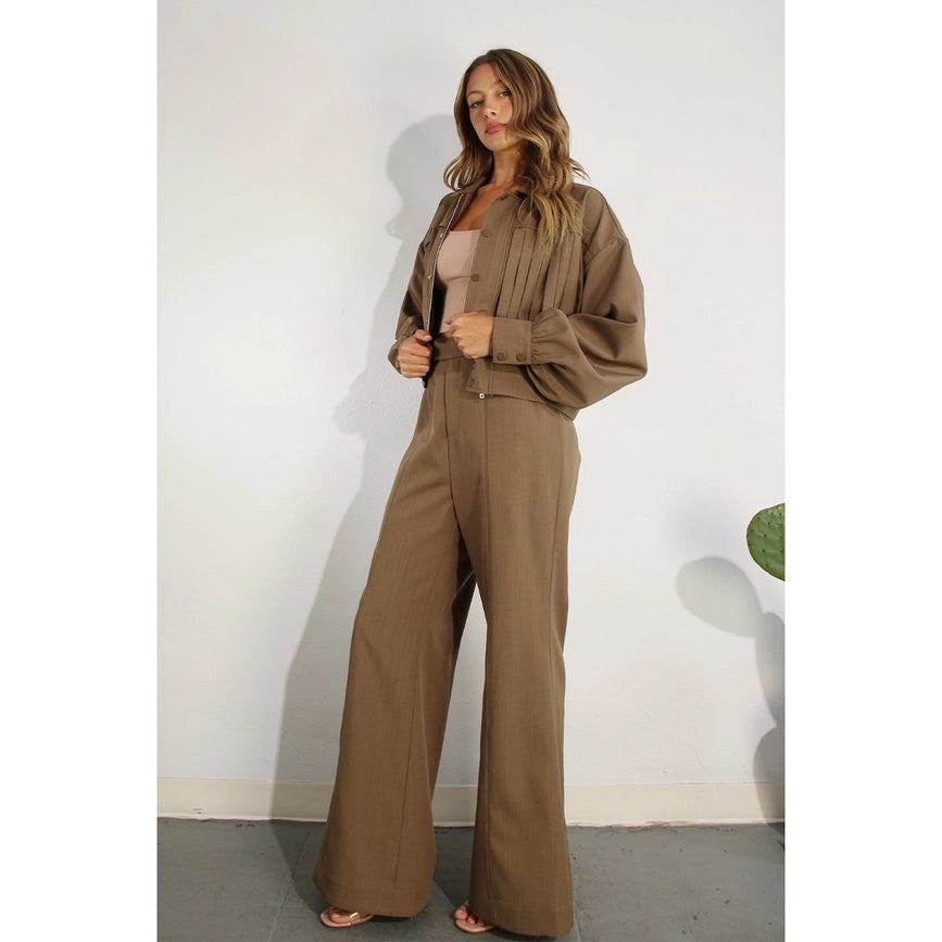 Pleated Crop Jacket and Pants Set CHOCOLATE BROWN-Set-Mulla-S-CHOCOLATE BROWN-Urbanheer