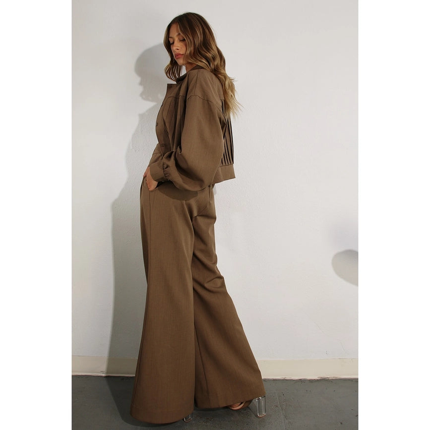 Pleated Crop Jacket and Pants Set CHOCOLATE BROWN-Set-Mulla-S-CHOCOLATE BROWN-Urbanheer
