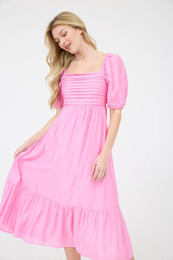 Pleated Empire Waist Puff Sleeve Midi Dress PINK-Dress-Moon River-S-PINK-Urbanheer