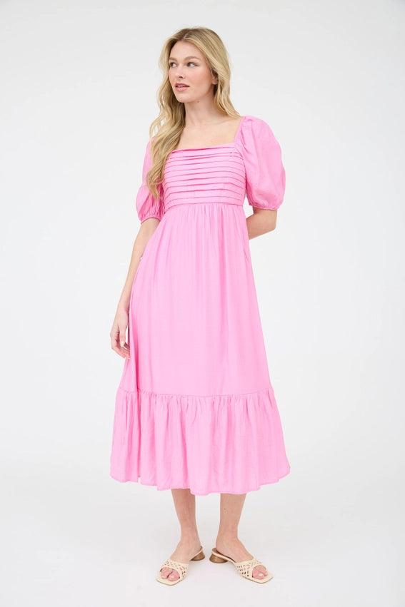 Pleated Empire Waist Puff Sleeve Midi Dress PINK-Dress-Moon River-S-PINK-Urbanheer