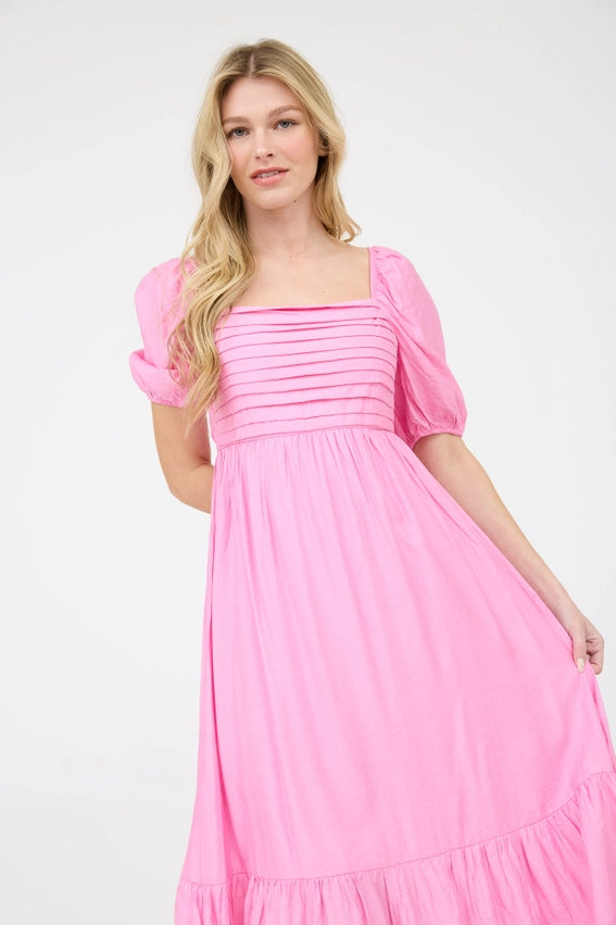 Pleated Empire Waist Puff Sleeve Midi Dress PINK-Dress-Moon River-S-PINK-Urbanheer