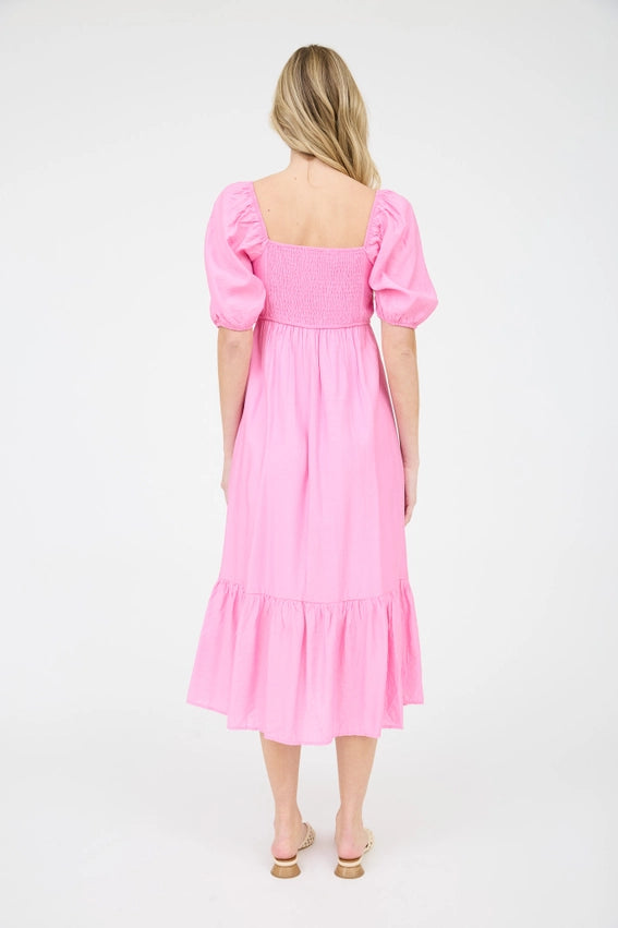 Pleated Empire Waist Puff Sleeve Midi Dress PINK-Dress-Moon River-S-PINK-Urbanheer