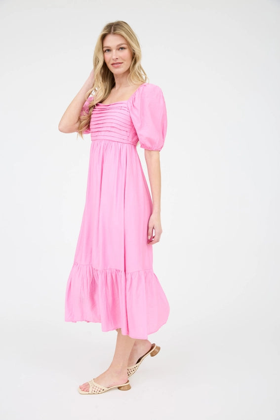 Pleated Empire Waist Puff Sleeve Midi Dress PINK-Dress-Moon River-S-PINK-Urbanheer