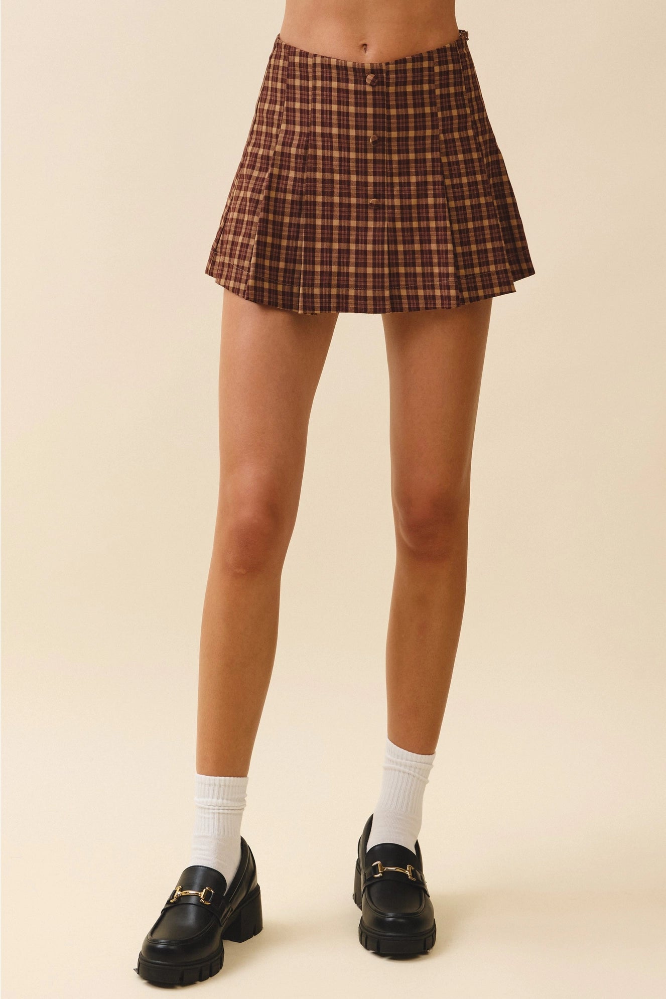 Pleated Faux Button Detail A Line Plaid Shorts