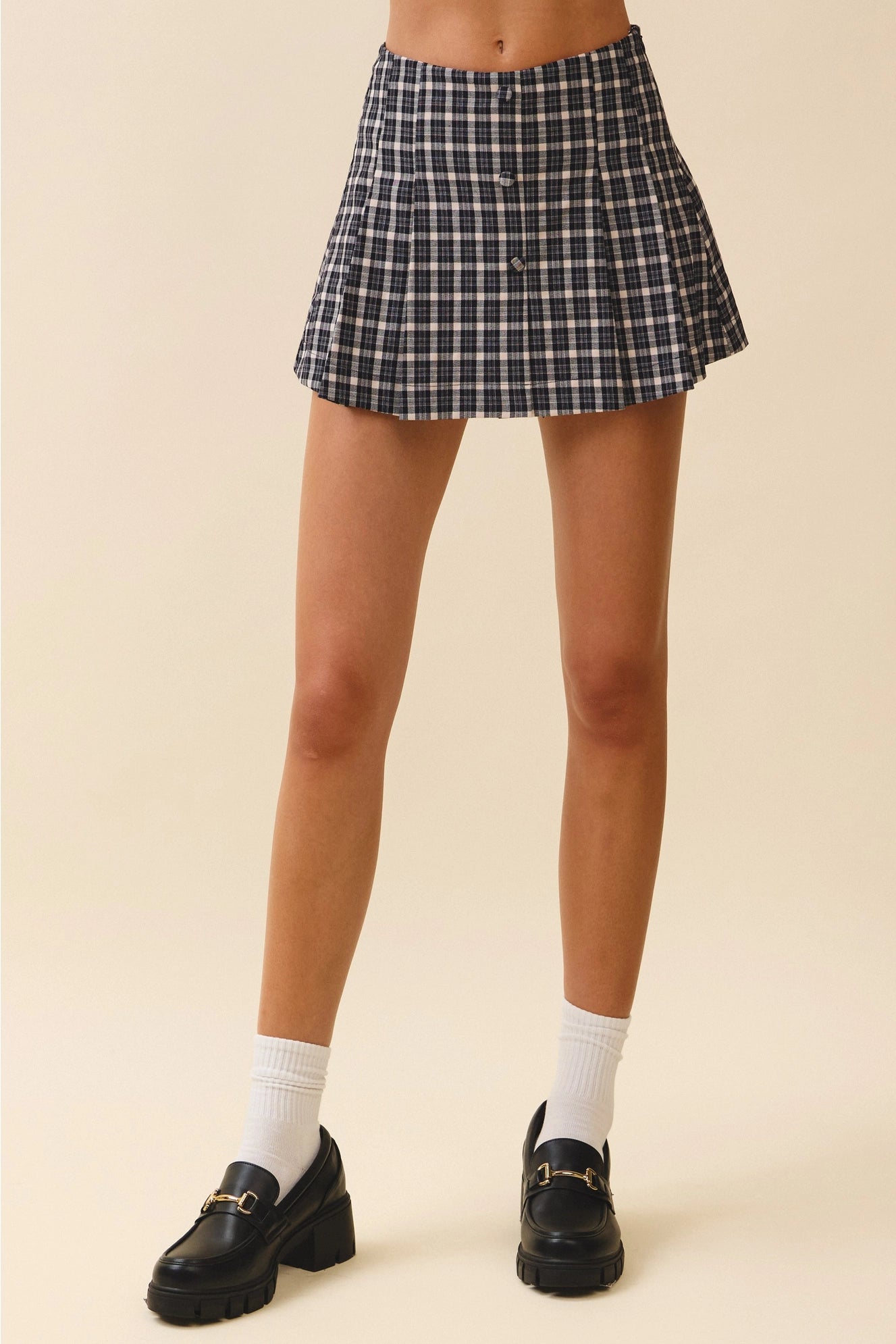 Pleated Faux Button Detail A Line Plaid Shorts
