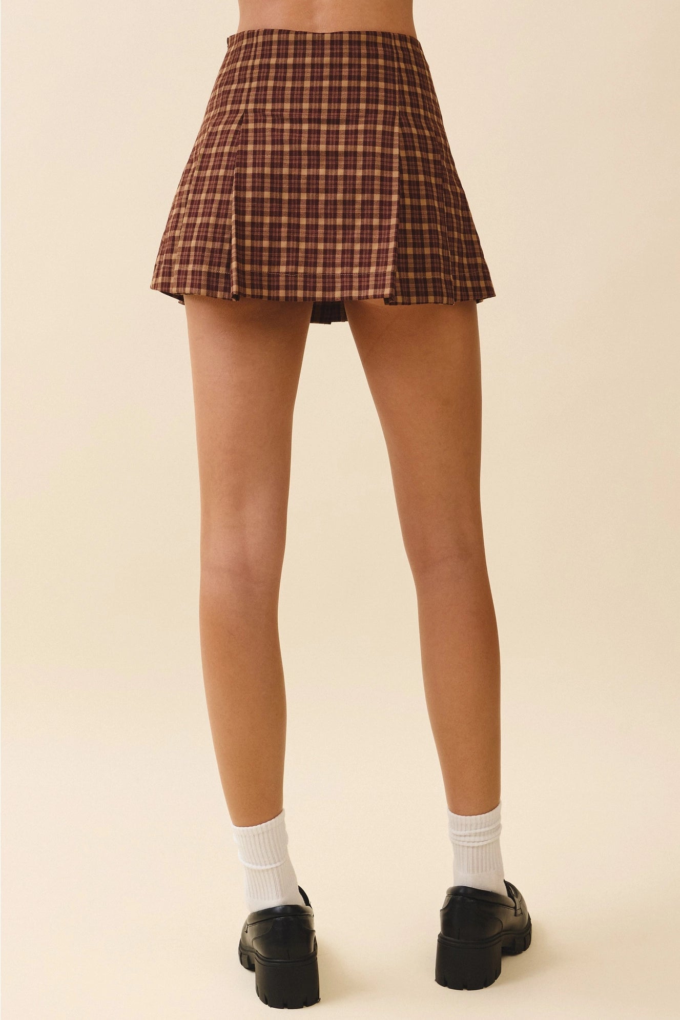 Pleated Faux Button Detail A Line Plaid Shorts