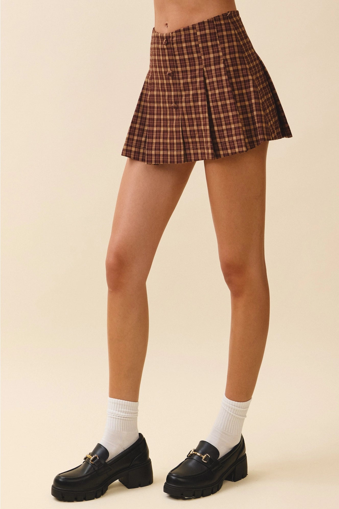 Pleated Faux Button Detail A Line Plaid Shorts