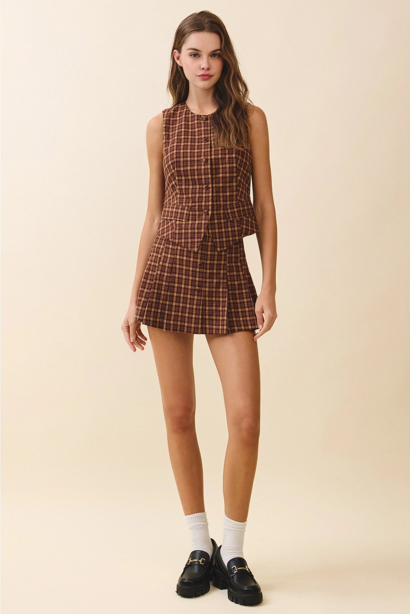 Pleated Faux Button Detail A Line Plaid Shorts