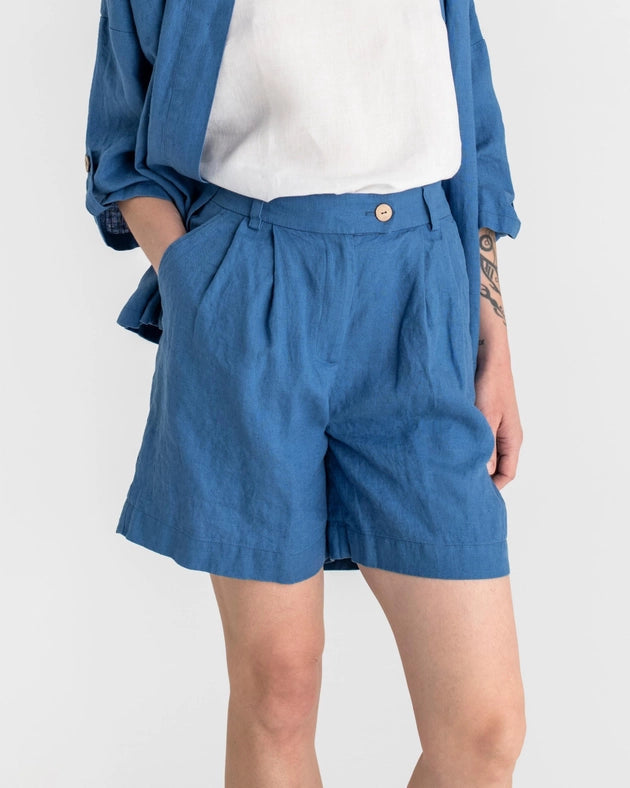 Pleated Linen Shorts Bagan in Cobalt Blue-Shorts-MagicLinen-XS-Urbanheer