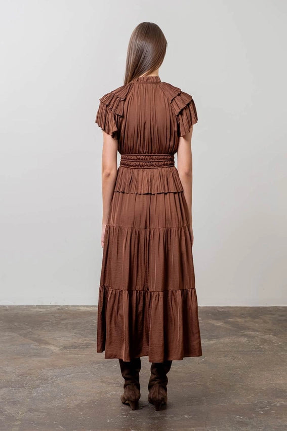 Pleated Short Sleeve Front Tie Tiered Midi Dress-Dress-Moon River-XS-CHOCOLATE-Urbanheer