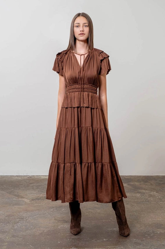 Pleated Short Sleeve Front Tie Tiered Midi Dress-Dress-Moon River-XS-CHOCOLATE-Urbanheer