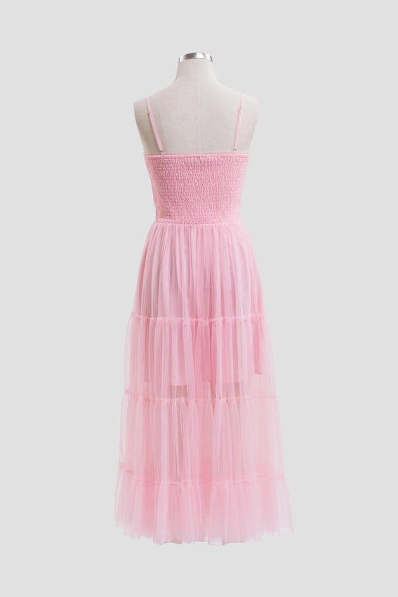 Pleated Tulle Semi-Sheer Tiered Dress PINK-Dress-Moon River-XS-PINK-Urbanheer