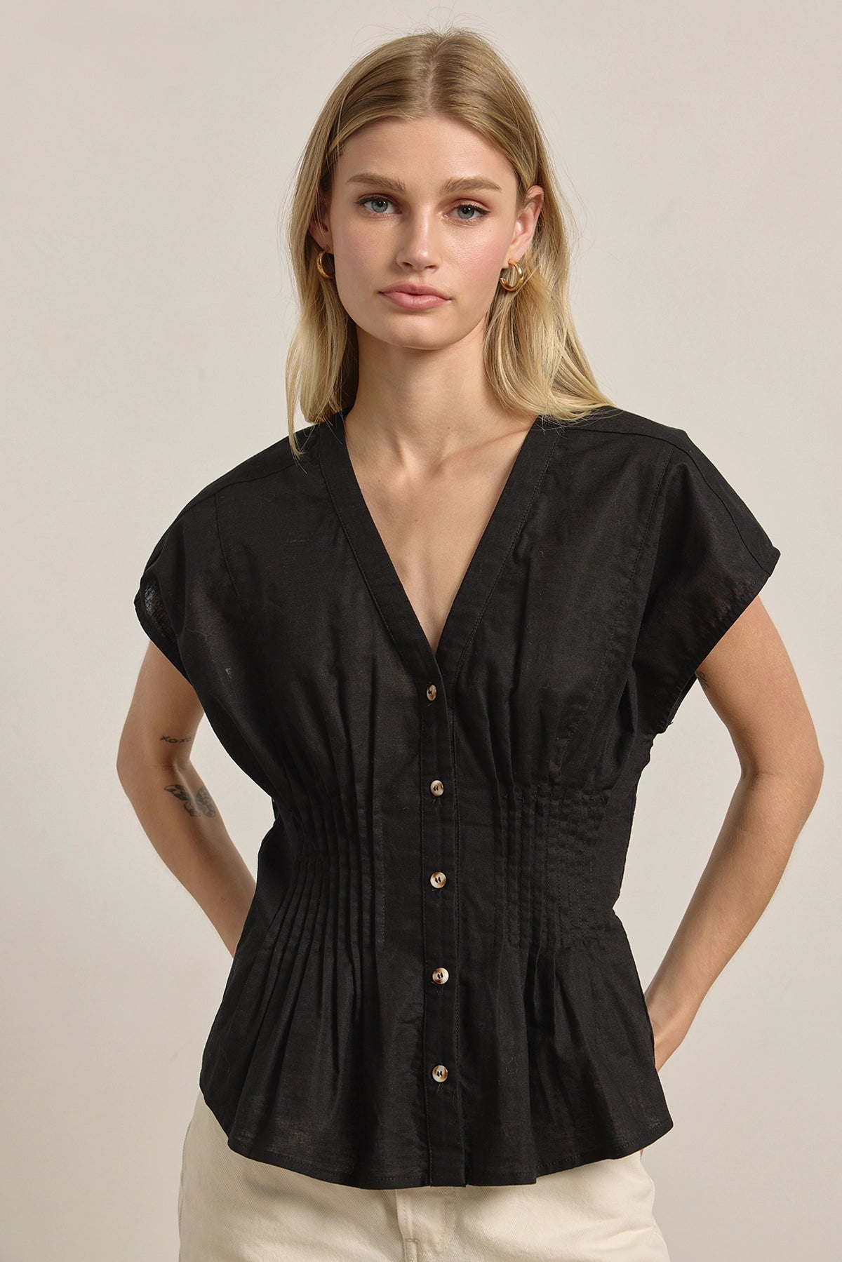 Pleated Waist Cotton Blouse in Black