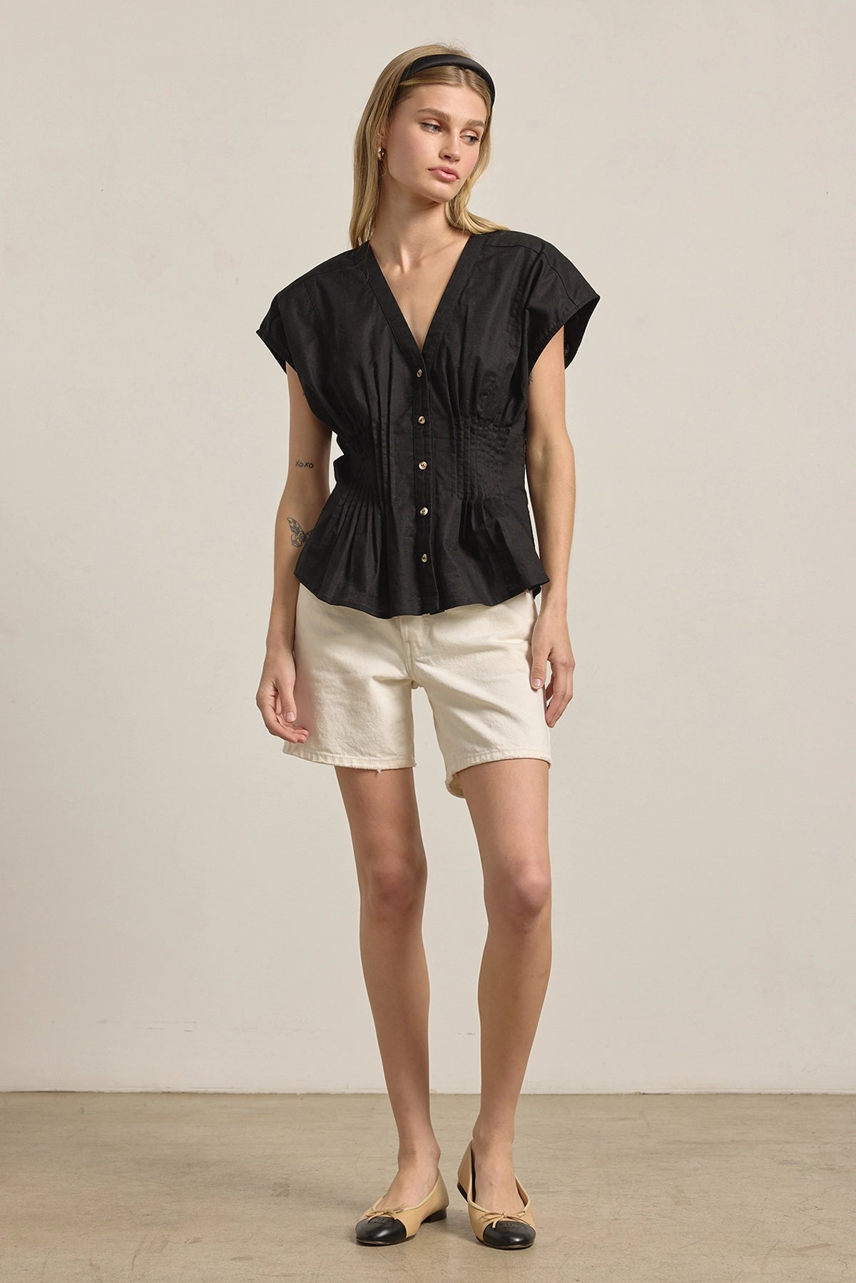 Pleated Waist Cotton Blouse in Black