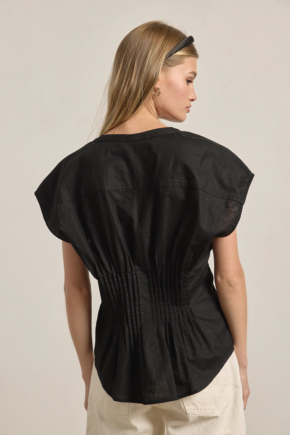 Pleated Waist Cotton Blouse in Black