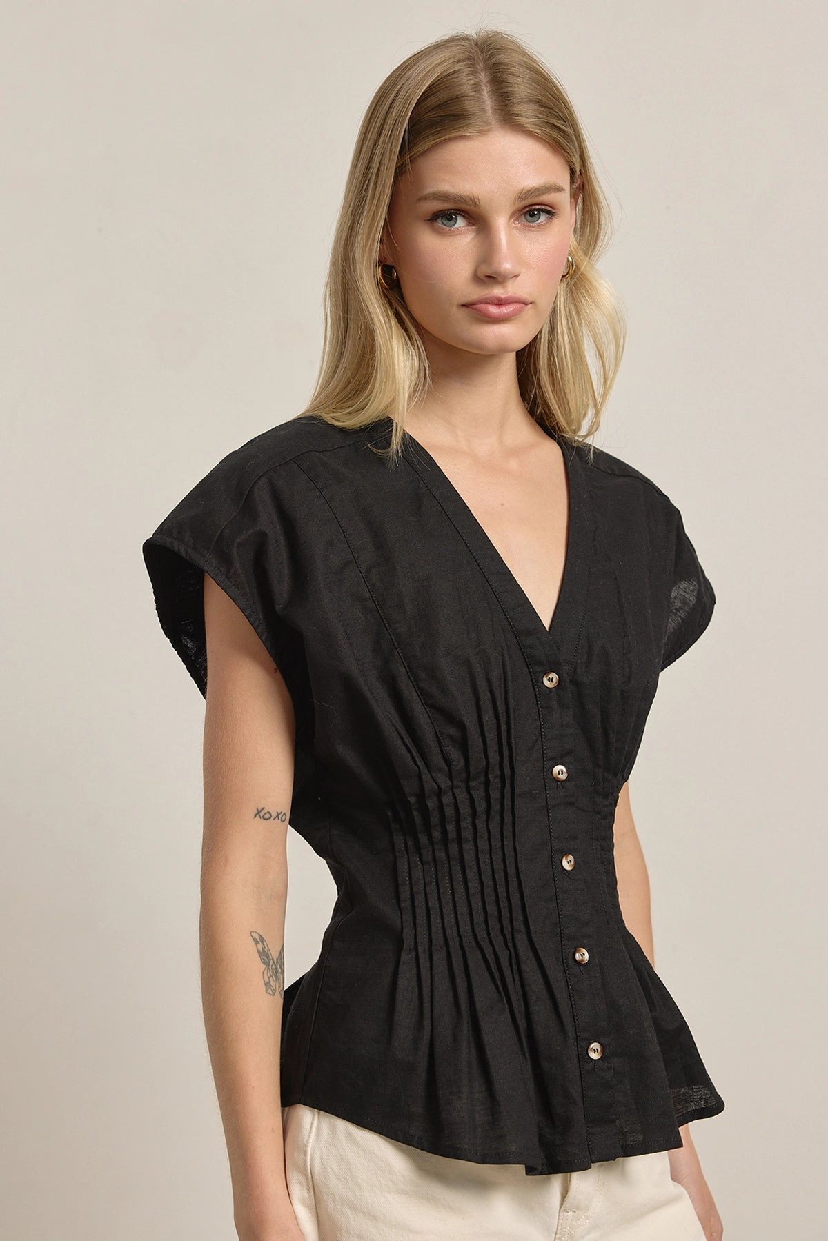 Pleated Waist Cotton Blouse in Black