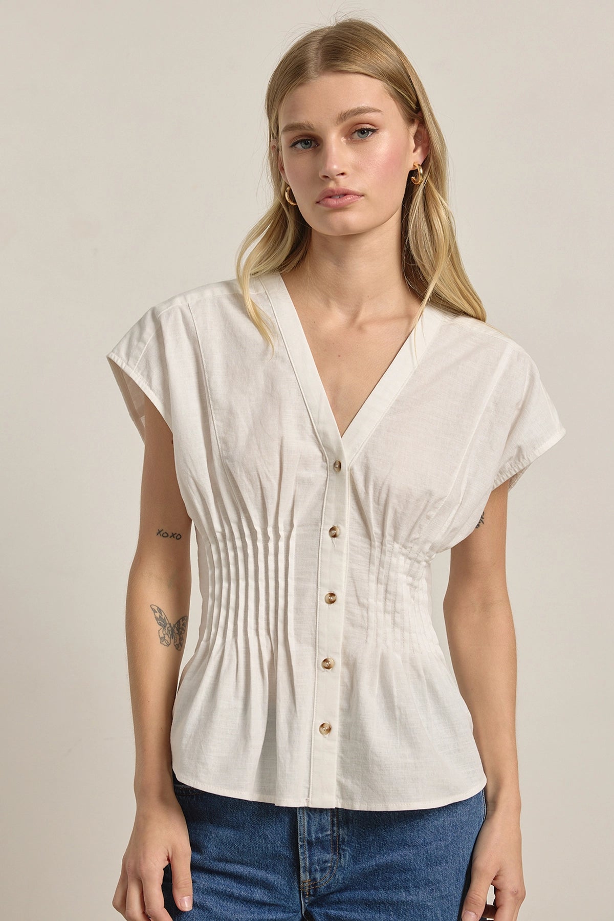 Pleated Waist Cotton Blouse in White