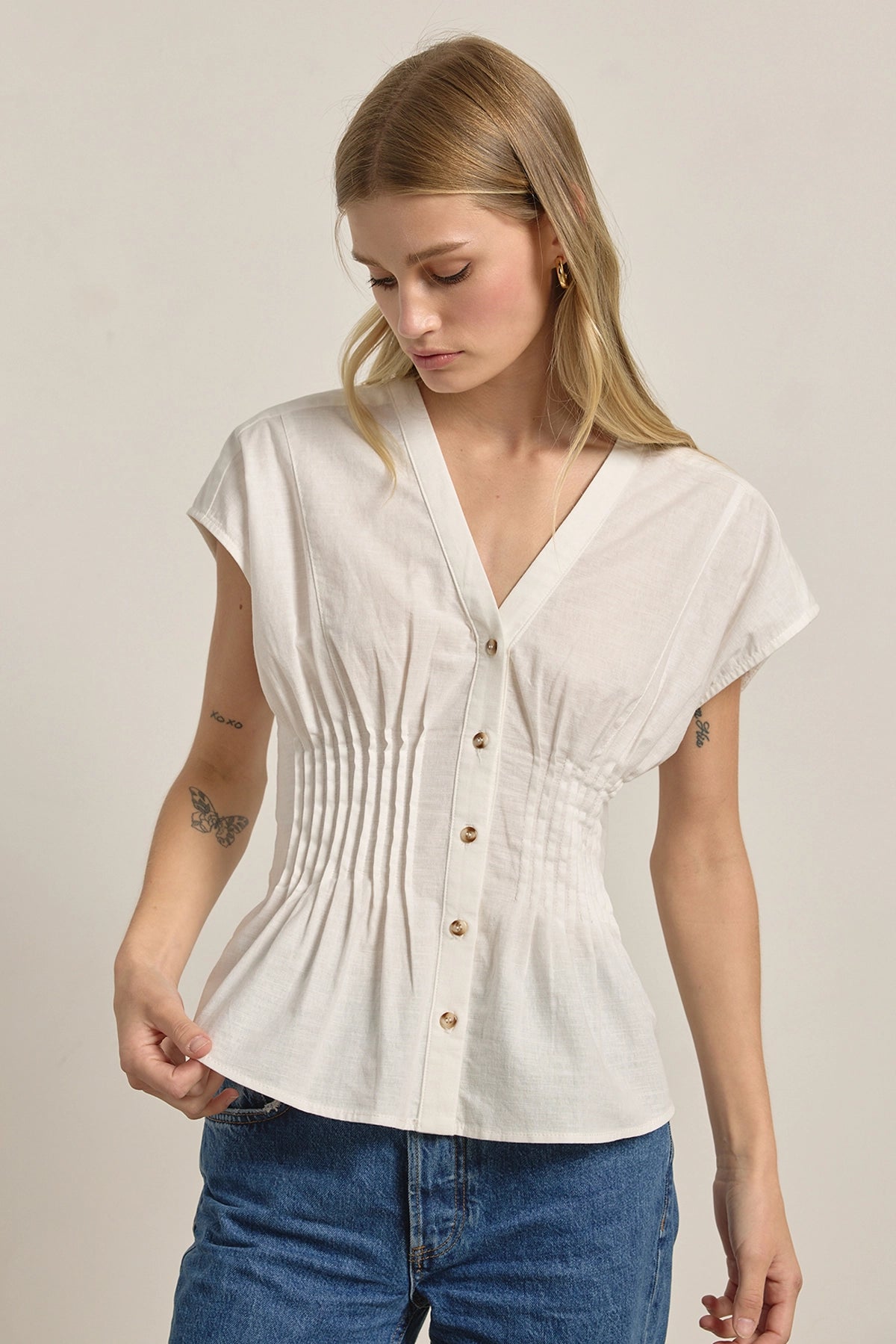 Pleated Waist Cotton Blouse in White