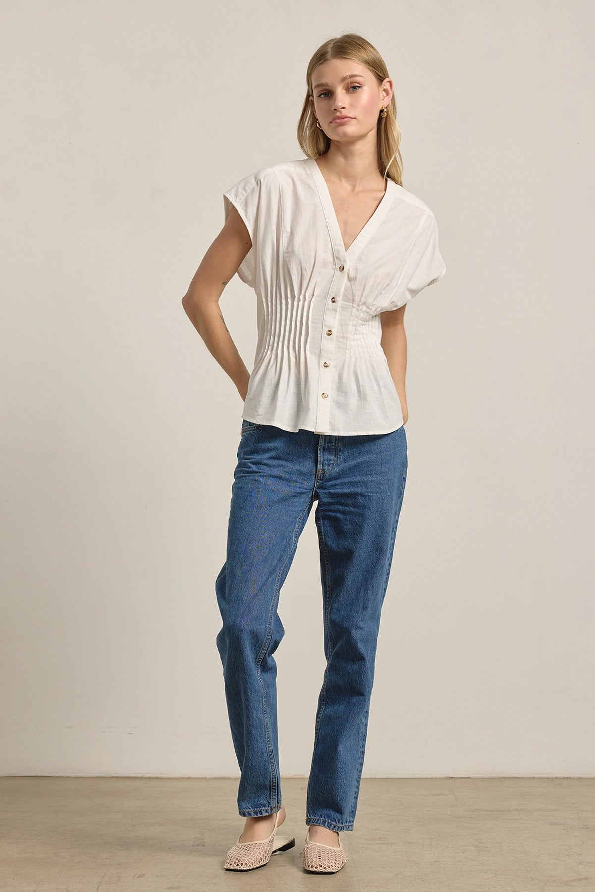 Pleated Waist Cotton Blouse in White