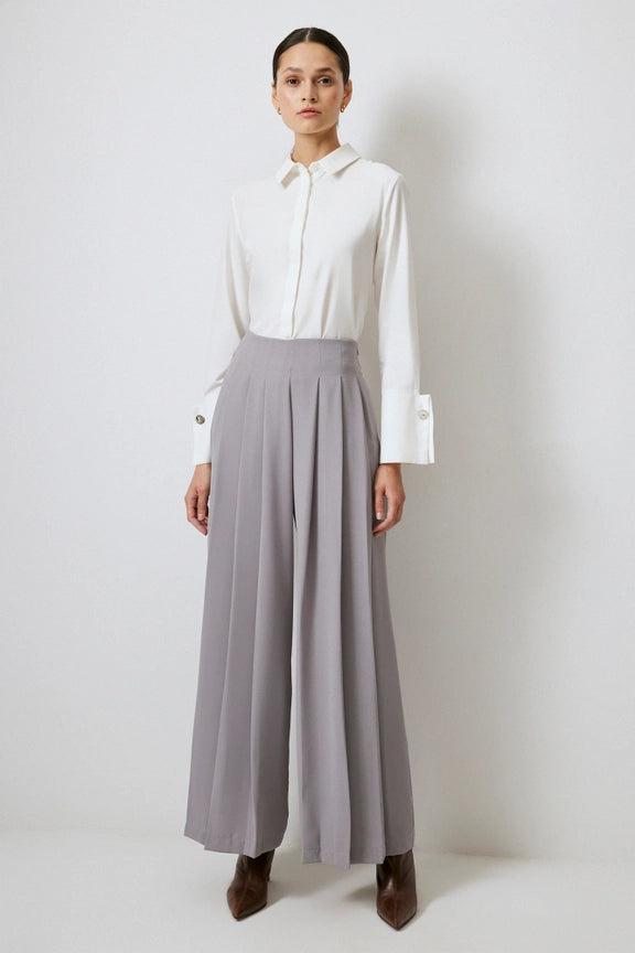 Pleated Wide Leg Crepe Torusers-Trousers-Touché-M-Grey-Urbanheer