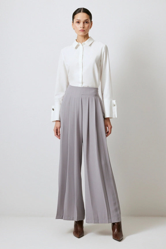 Pleated Wide Leg Crepe Torusers-Trousers-Touché-M-Grey-Urbanheer