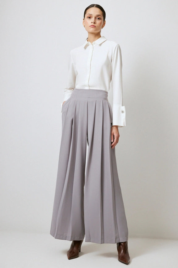 Pleated Wide Leg Crepe Torusers-Trousers-Touché-M-Grey-Urbanheer