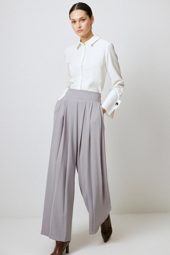 Pleated Wide Leg Crepe Torusers-Trousers-Touché-M-Grey-Urbanheer