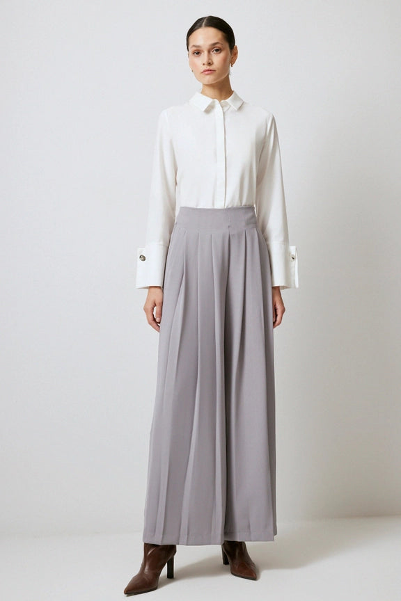 Pleated Wide Leg Crepe Torusers-Trousers-Touché-M-Grey-Urbanheer