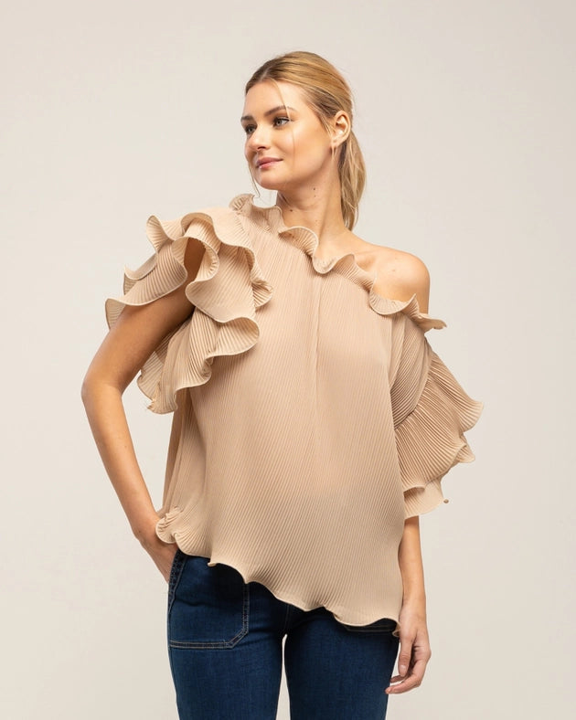 Pleated top with ruffles on the collar and sleeves-Top-Tantra-S-BEIGE-Urbanheer