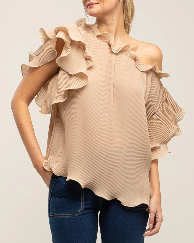 Pleated top with ruffles on the collar and sleeves-Top-Tantra-S-BEIGE-Urbanheer