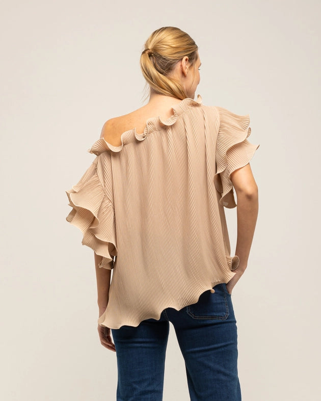 Pleated top with ruffles on the collar and sleeves-Top-Tantra-S-BEIGE-Urbanheer
