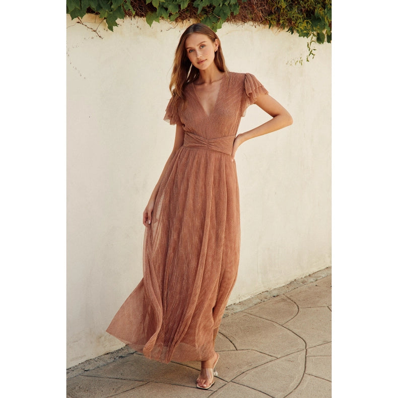 Pleats and Thank You Flutter Sleeve Maxi Dress-Dress-Dress Forum-S-ROSE GOLD-Urbanheer