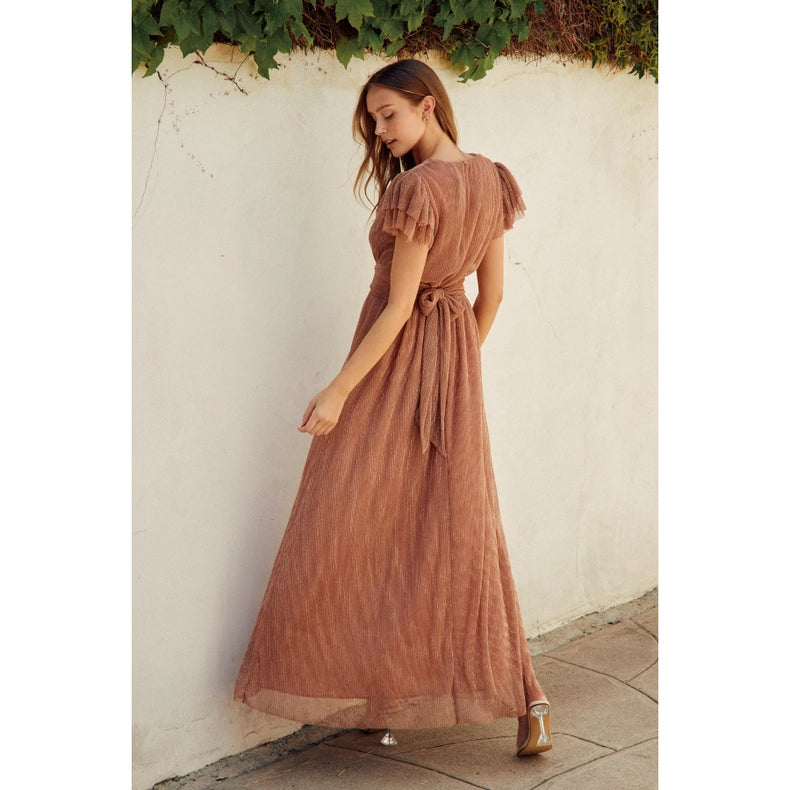 Pleats and Thank You Flutter Sleeve Maxi Dress-Dress-Dress Forum-S-ROSE GOLD-Urbanheer