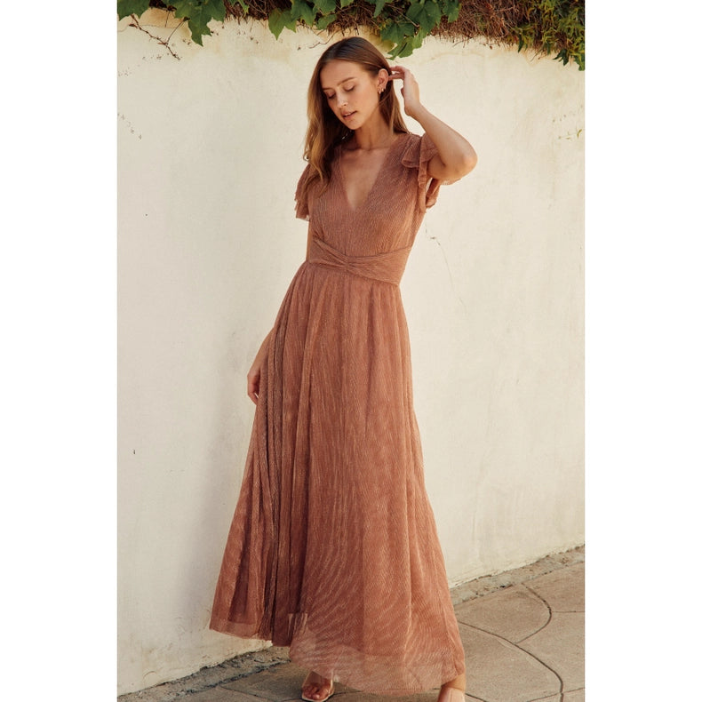 Pleats and Thank You Flutter Sleeve Maxi Dress-Dress-Dress Forum-S-ROSE GOLD-Urbanheer
