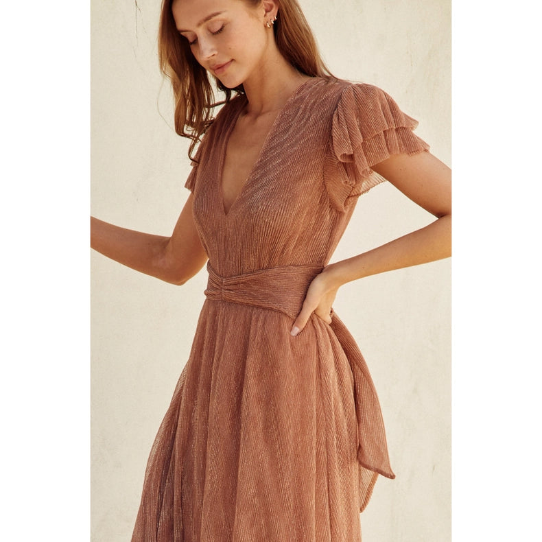 Pleats and Thank You Flutter Sleeve Maxi Dress-Dress-Dress Forum-S-ROSE GOLD-Urbanheer
