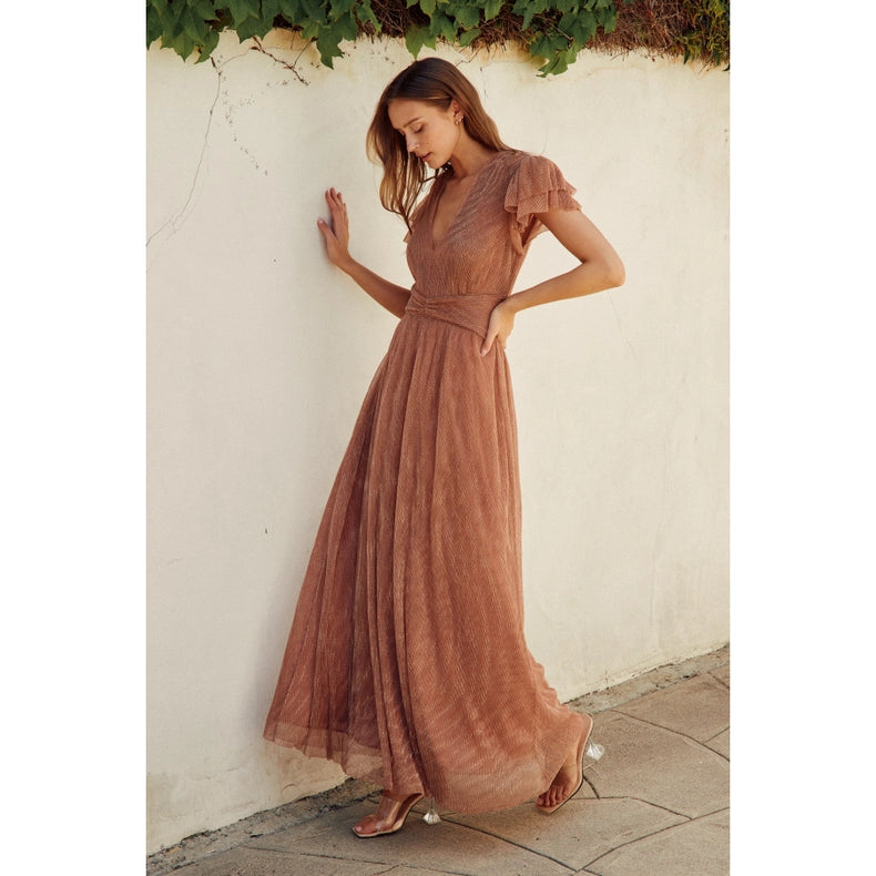 Pleats and Thank You Flutter Sleeve Maxi Dress-Dress-Dress Forum-S-ROSE GOLD-Urbanheer